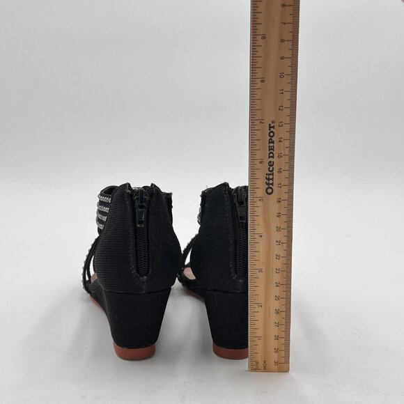 YDN Black Wedge Glitter Open Toe Rhinestones Cross Over Straps Mid Heel Sandals - Picture 5 of 8